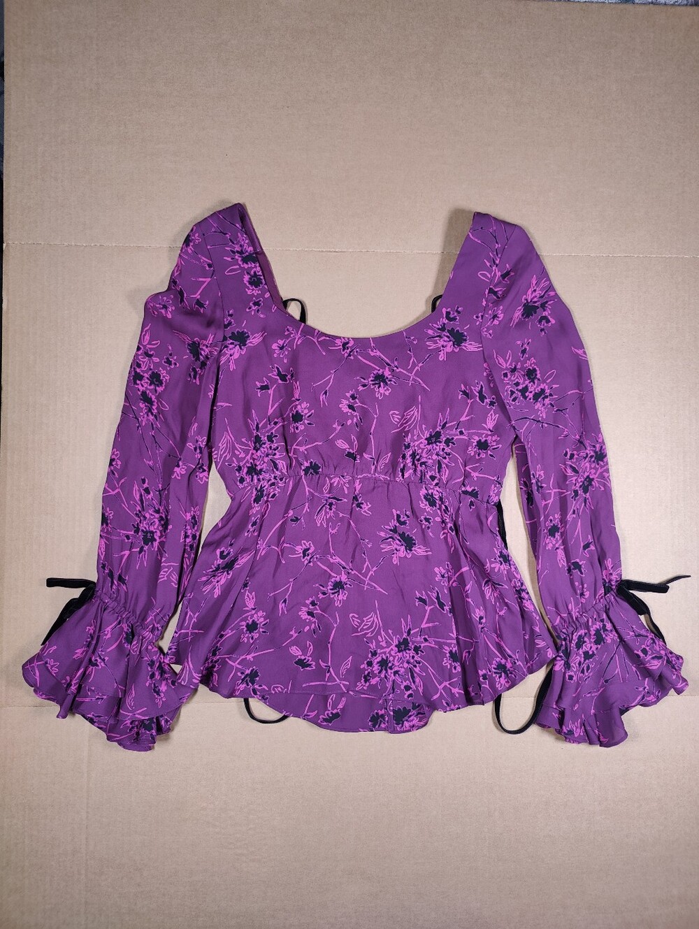 Cinq A Sept Mable Purple Floral 100% Silk Bell Sleeve Blouse Black Ties Size S - Picture 4 of 8